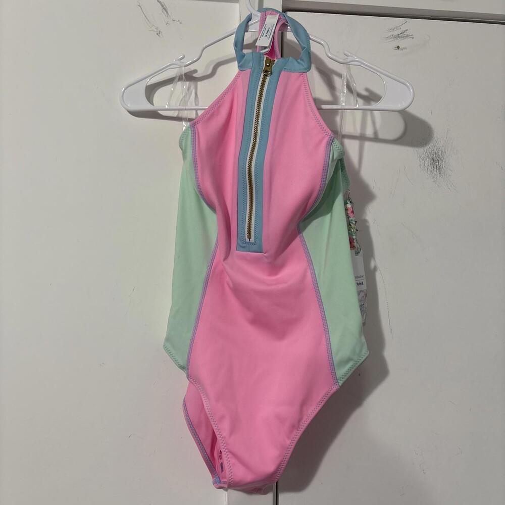 HURLEY Love Shack Fancy Max Zip Pink Blue Mint Green Mock Swimsuit NWT Small